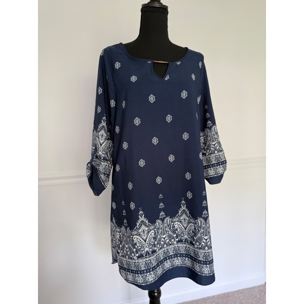 Rue 21 Paisley Print Dress Keyhole Neckline 3/4 Sleeve blue Tunic Dress‎ size S